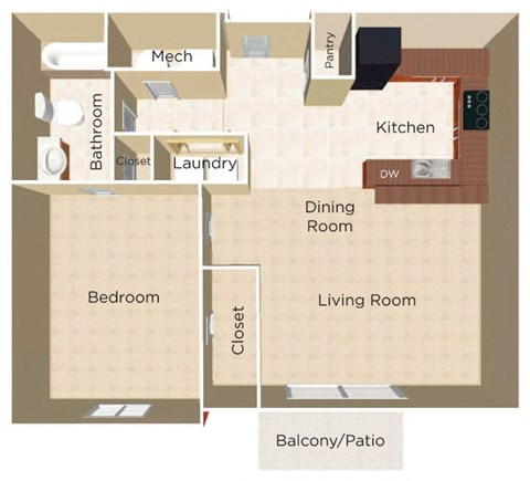 A floor plan of a house showing a bedroom, bathroom, kitchen, dining room, living room, and balcony.
